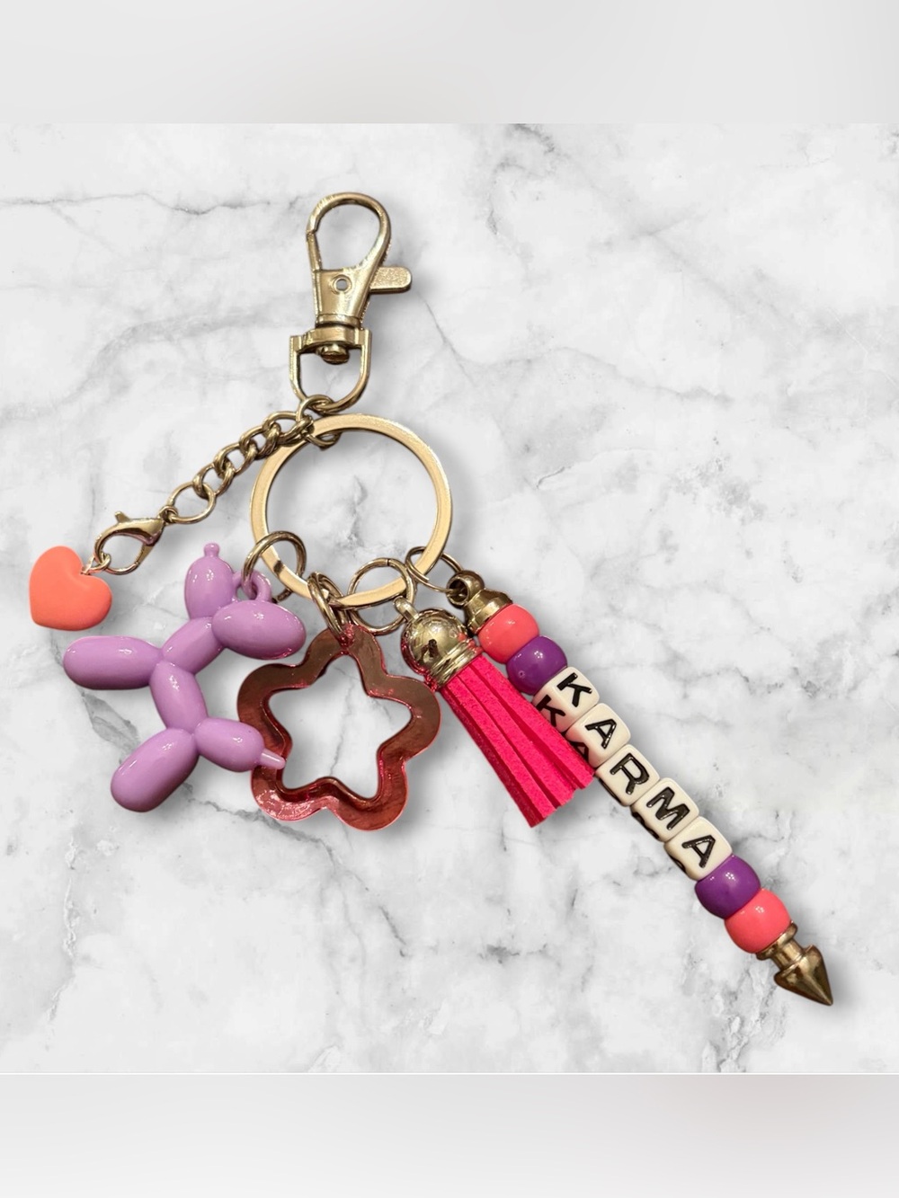 Karma Bead & Tassel Keychain with Purple Balloon Dog and Star Charm
